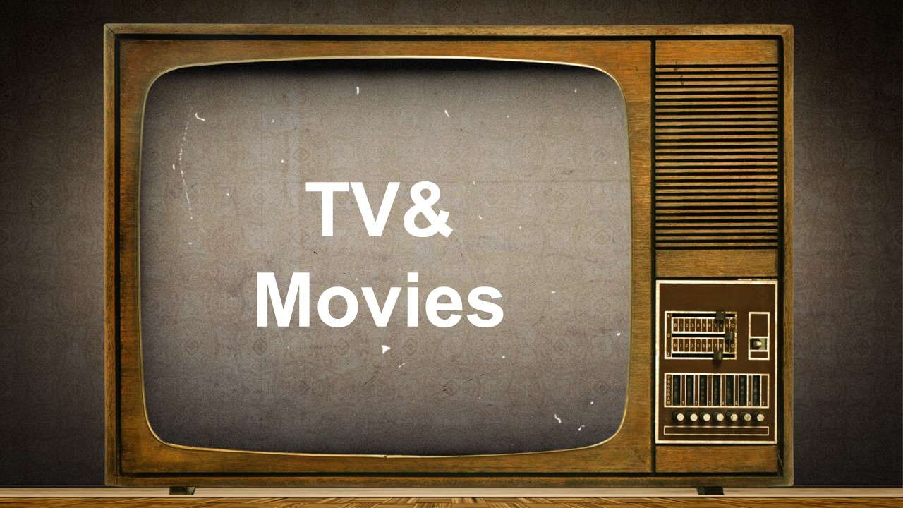 TV & Movies template showing a vintage brown television frame, retro screen texture, and bold text for entertainment quiz or poll.