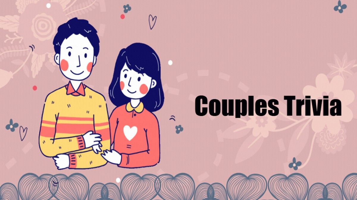 Couples Trivia cover with cute cartoon couple, soft pink background, heart icons, floral patterns, and bold title.