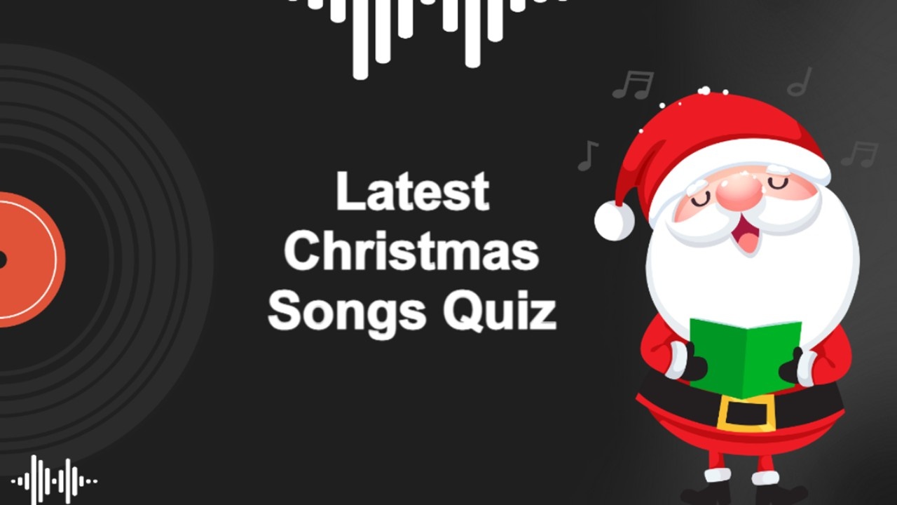 Latest Christmas songs quiz template with dark background, Santa cartoon singing, music notes, vinyl record, and festive quiz theme.