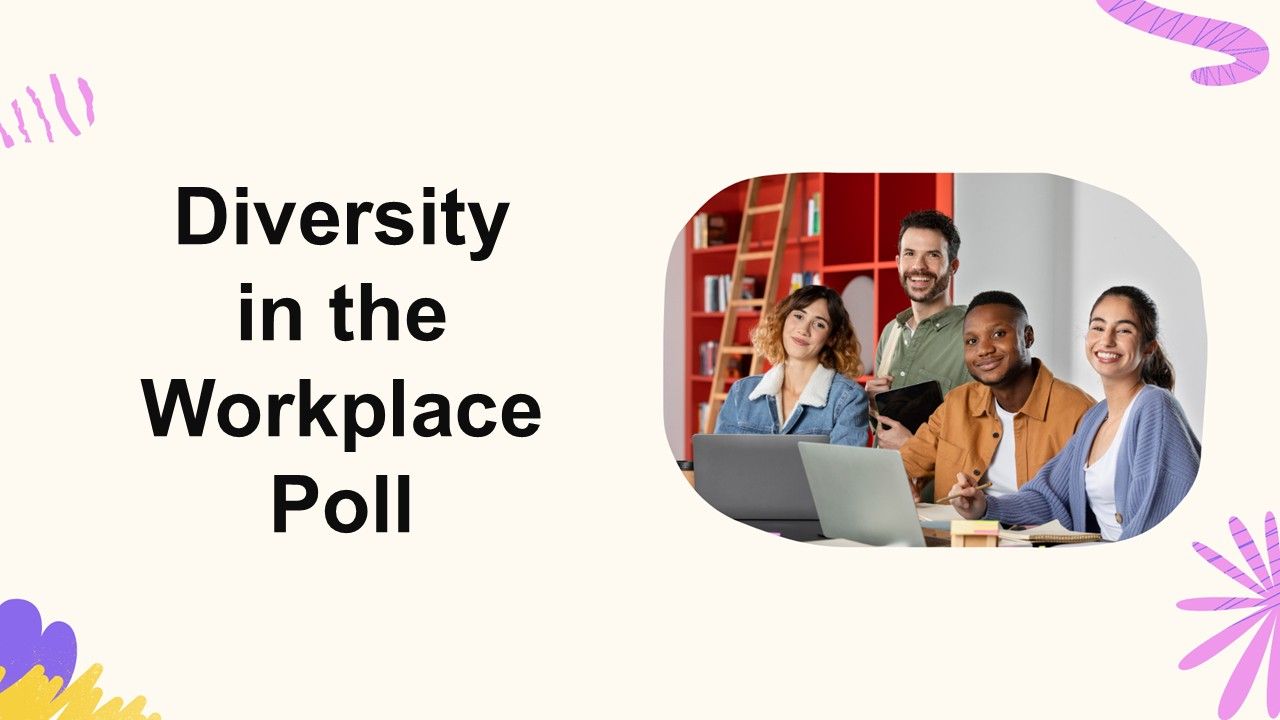 Diversity in the workplace poll template with pastel background, abstract shapes, and diverse team using laptops for inclusion survey.