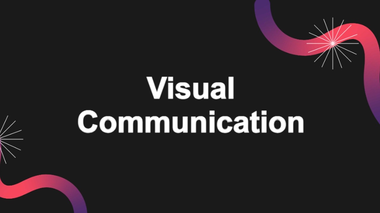 Visual Communication slide with white title, black background, gradient curves, abstract star accents, and modern layout.