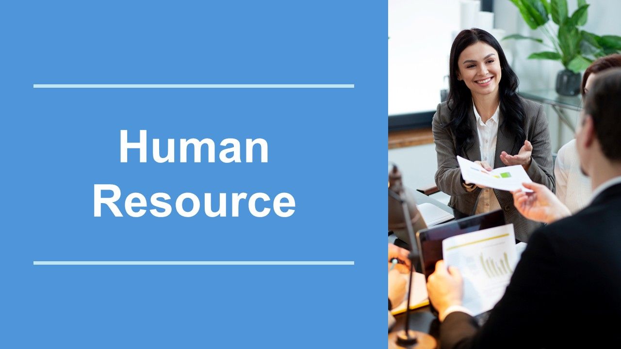 Human resource template with blue panel, white text, divider lines, and HR discussion photo for employee management.
