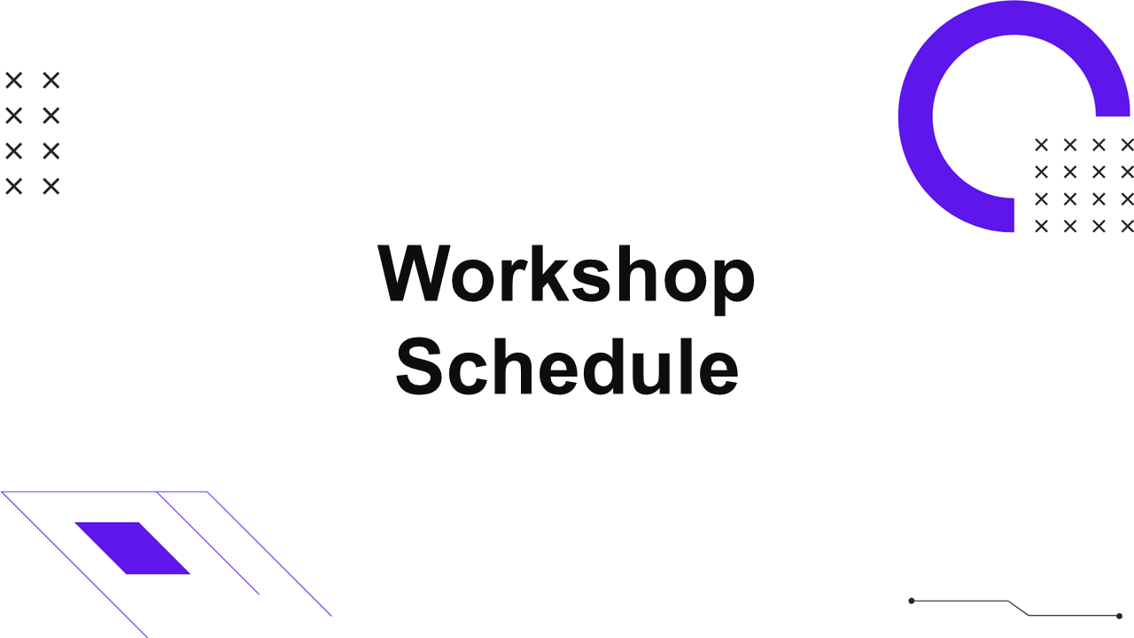 Workshop schedule template with white background, purple circle accents and geometric shapes organizing session timeline.