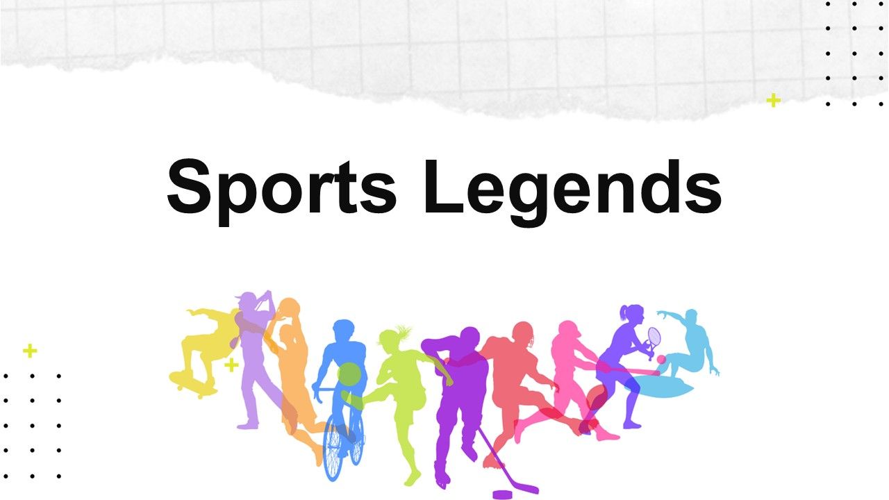 Sports legends template with bold black title on white background, colorful athlete silhouettes showing multiple sports.