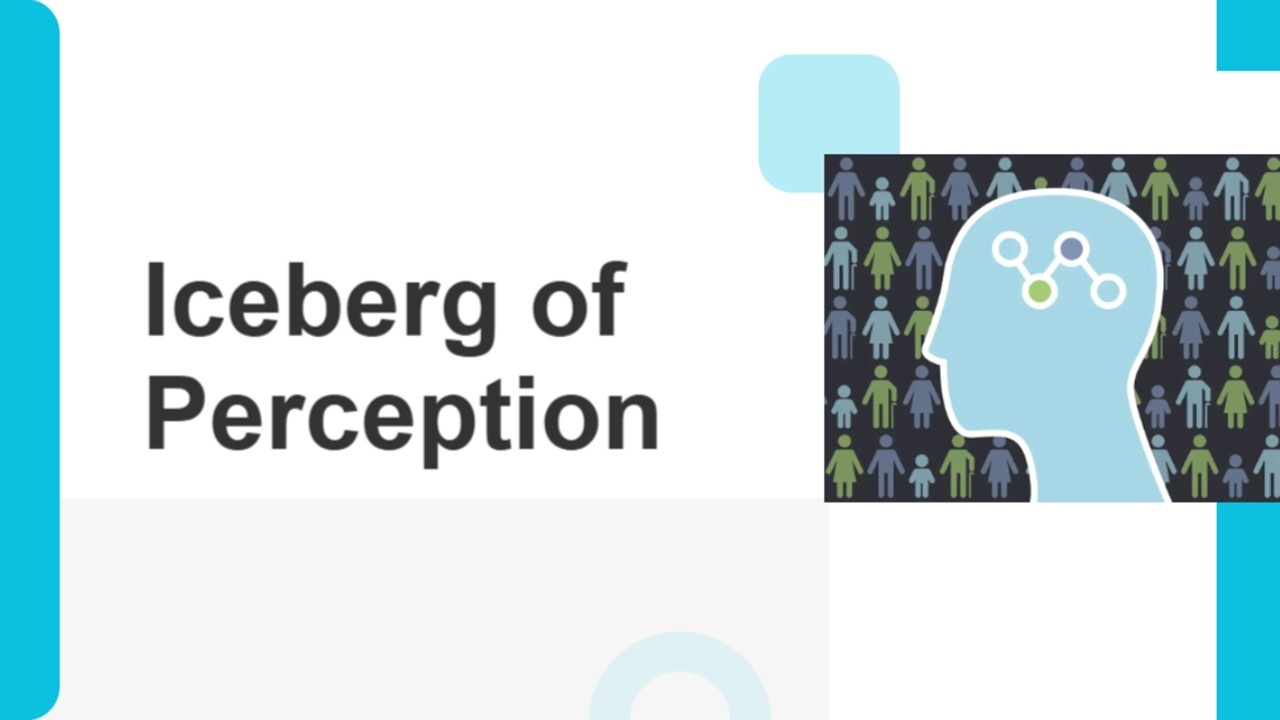 Iceberg of perception template with black text on white, blue accents, head silhouette with nodes, people icons showing hidden views.