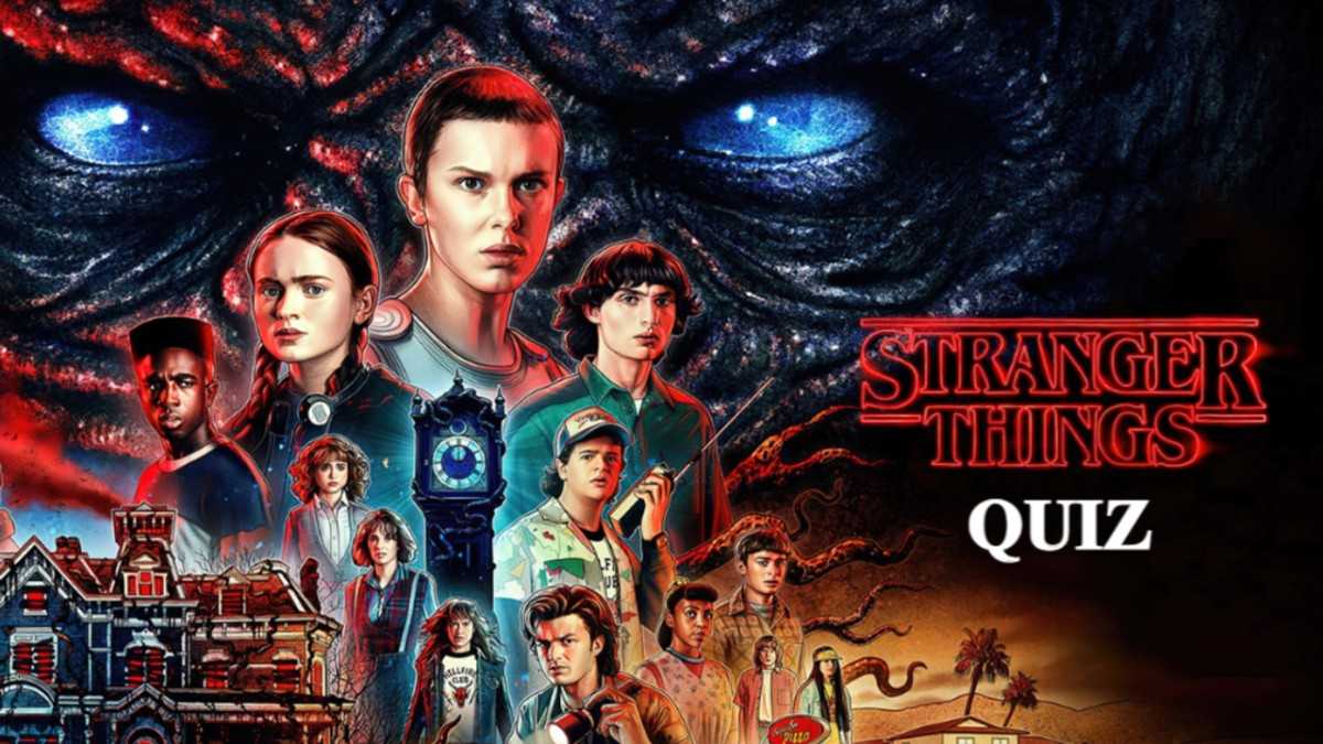 Stranger Things Quiz template with character images, blue-red glow theme, and interactive quiz and survey question formats.