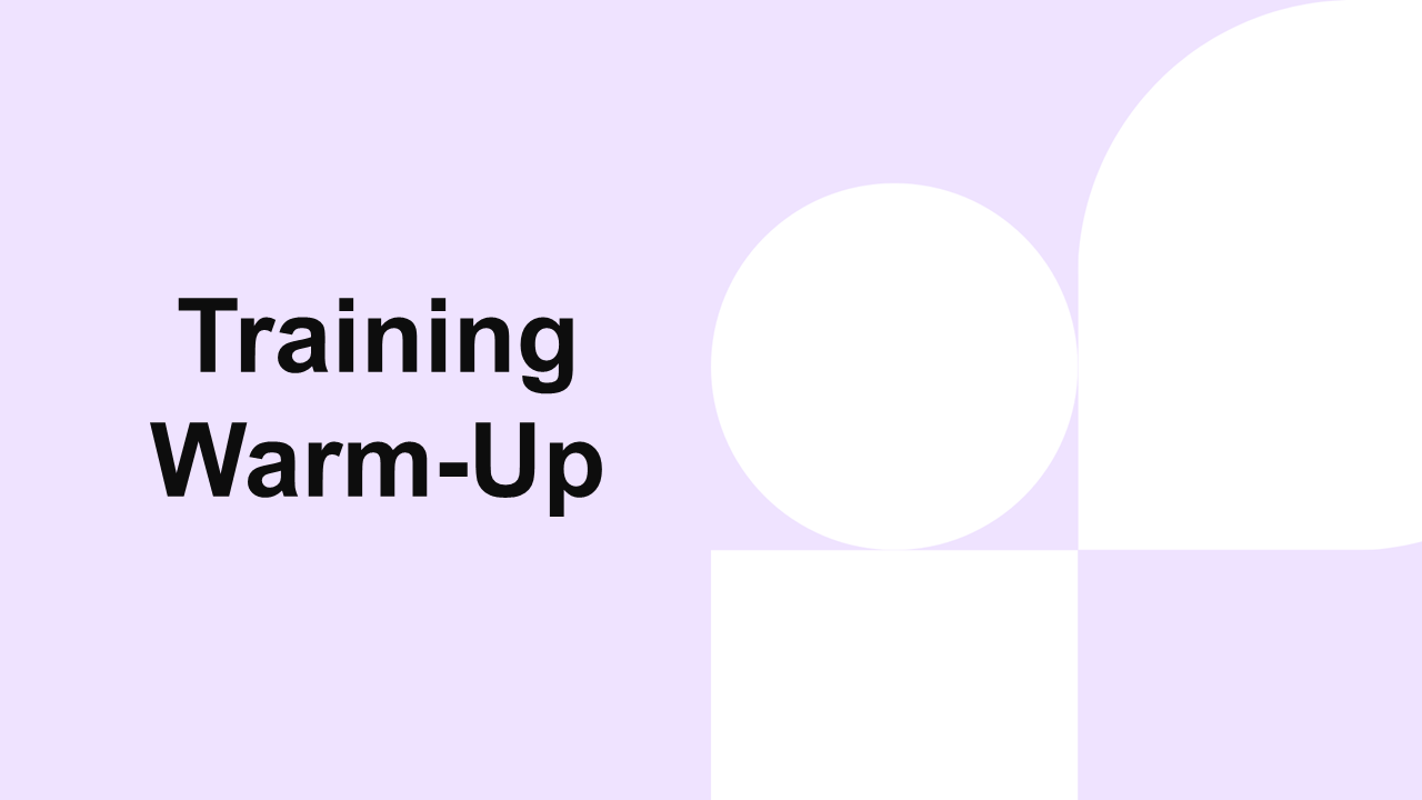 Training warm-up template with soft purple background, large gradient circles, bold black text holder, and clean minimal layout.
