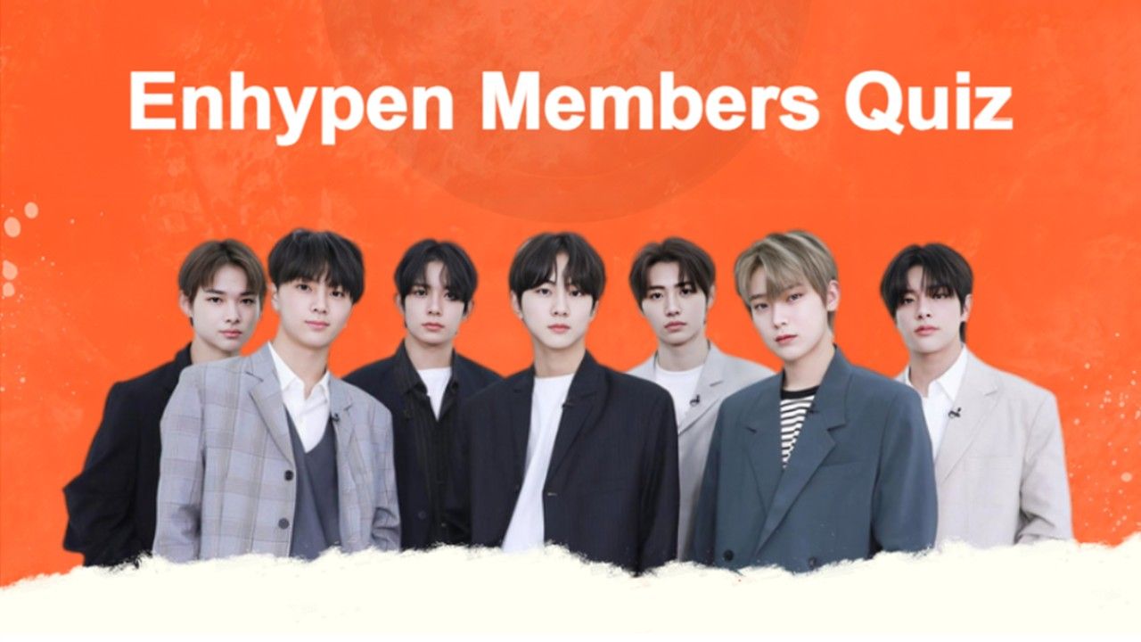 Enhypen Members Quiz slide with a bright orange background, featuring the seven members of Enhypen in casual outfits, with bold white text at the top.
