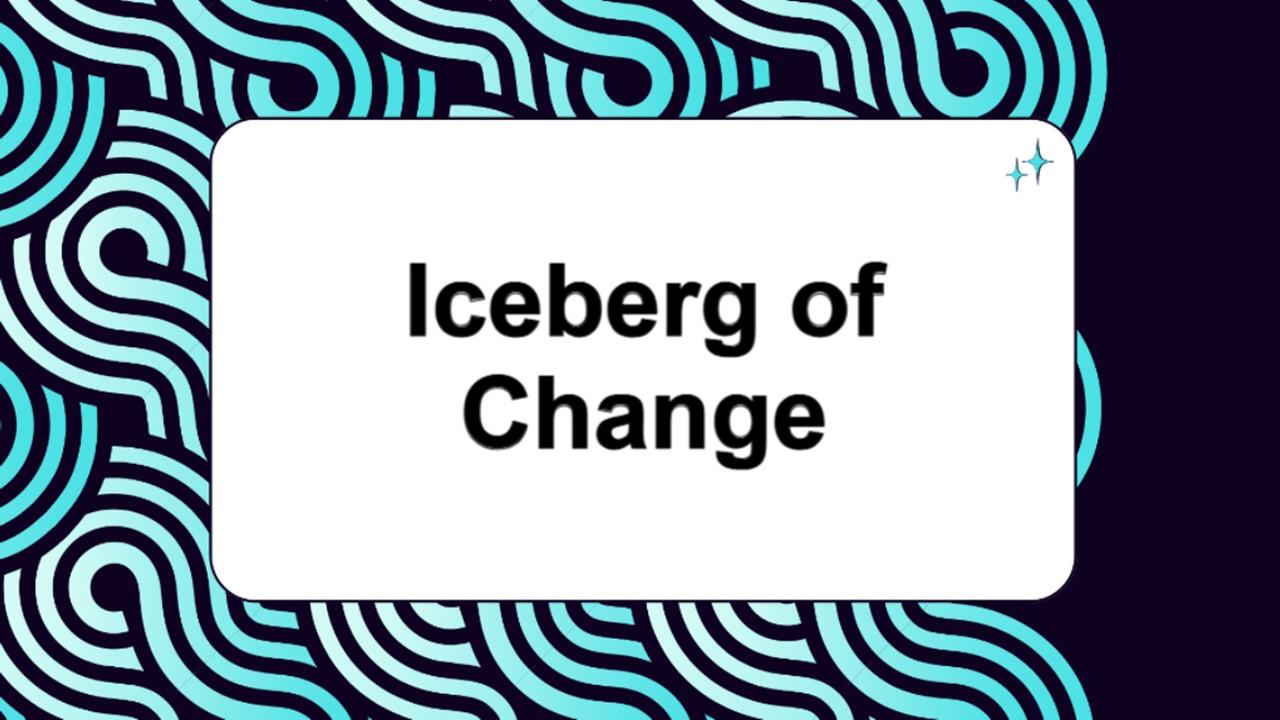 Iceberg of change template with black text on white card, blue wave pattern background, illustrating visible and hidden change.