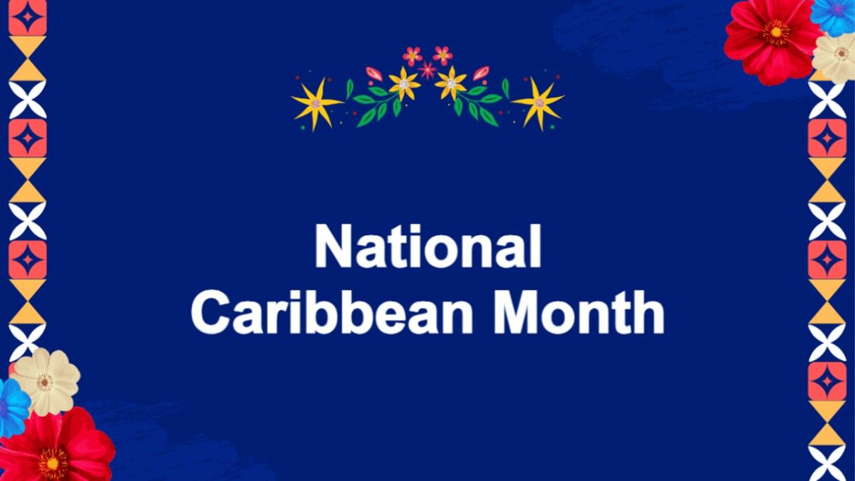 National caribbean month template with deep blue background colorful floral borders cultural patterns and centered title for quiz and learning.