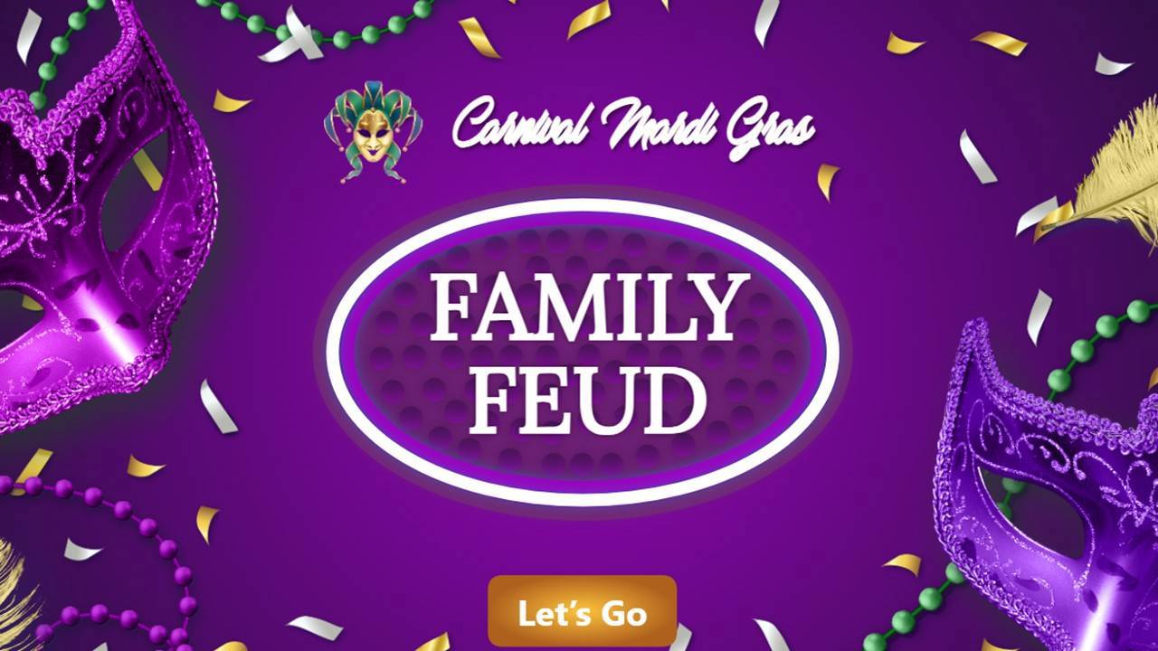 Carnival Mardi Gras Family Feud quiz with masks, beads, festive colors, and party theme.