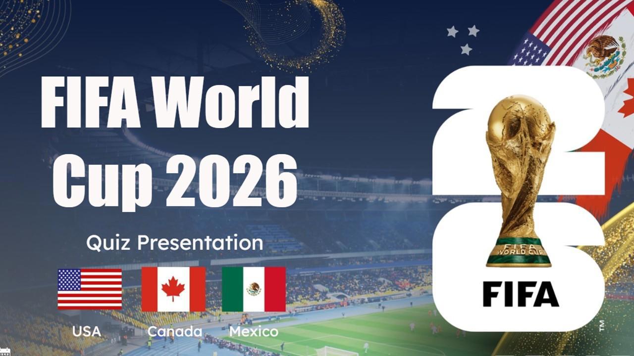 FIFA world cup quiz template slide with trophy, stadium, host flags, and bold title.