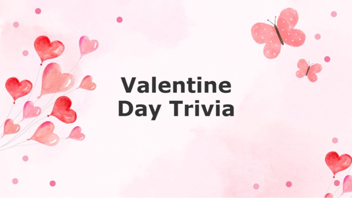 Valentine Day Trivia cover with soft pink background, watercolor hearts, butterfly accents, and bold centered title