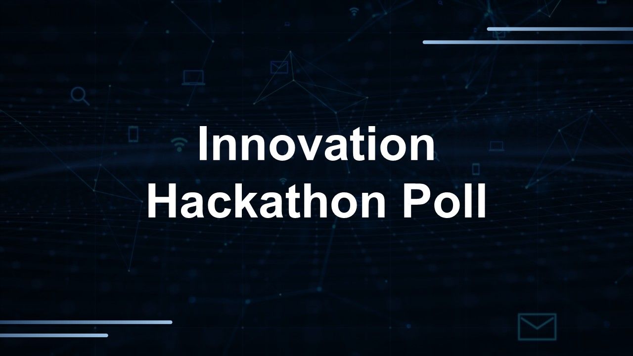 Innovation hackathon poll template with dark blue tech background, network lines, digital icons, and idea-voting purpose.