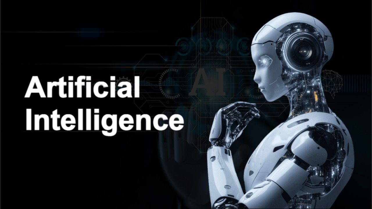 Artificial Intelligence template with a humanoid robot, dark background, digital patterns, and advanced AI learning focus.
