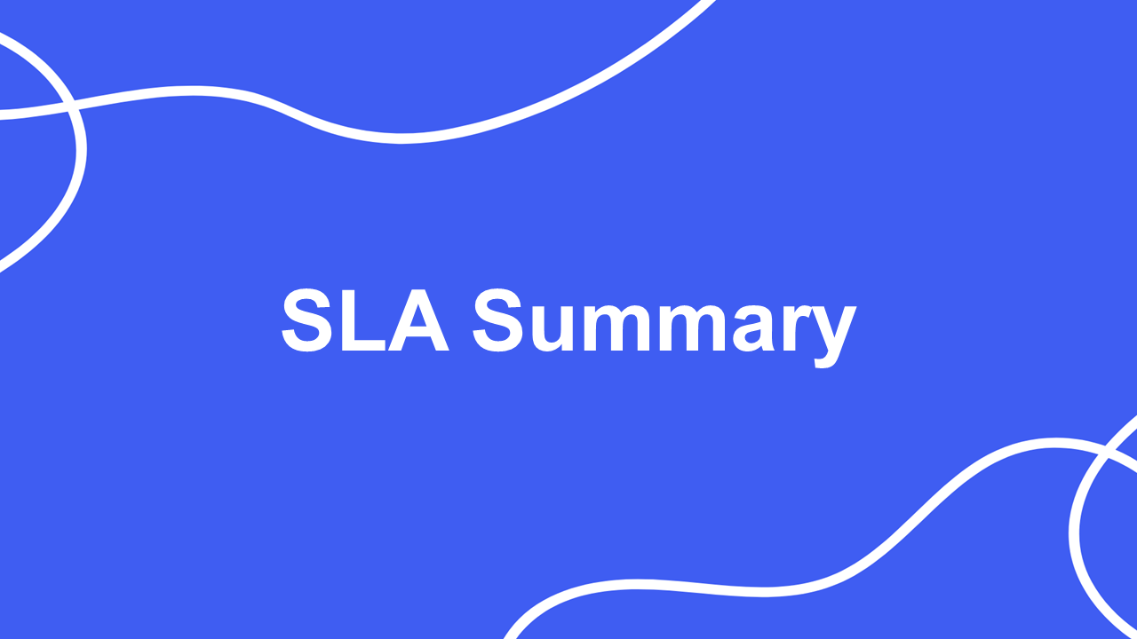 SLA summary template with blue background, white curved lines, and clear title highlighting service level overview.