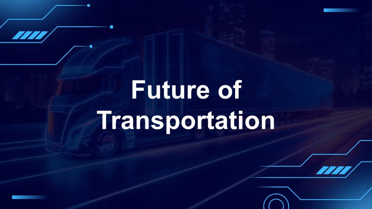 Future of transportation template with blue neon tech lines, smart truck illustration, digital road, and futuristic mobility theme.