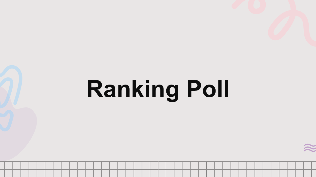Ranking poll template with light beige background, bold black text, abstract pastel shapes, grid base for ranking questions.