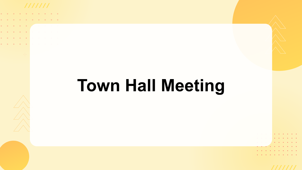 Town hall meeting template using soft multicolor palette, centered text box, minimal shapes for audience engagement