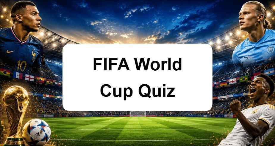 FIFA World Cup 2026 quiz slide with players, trophy and stadium backdrop
