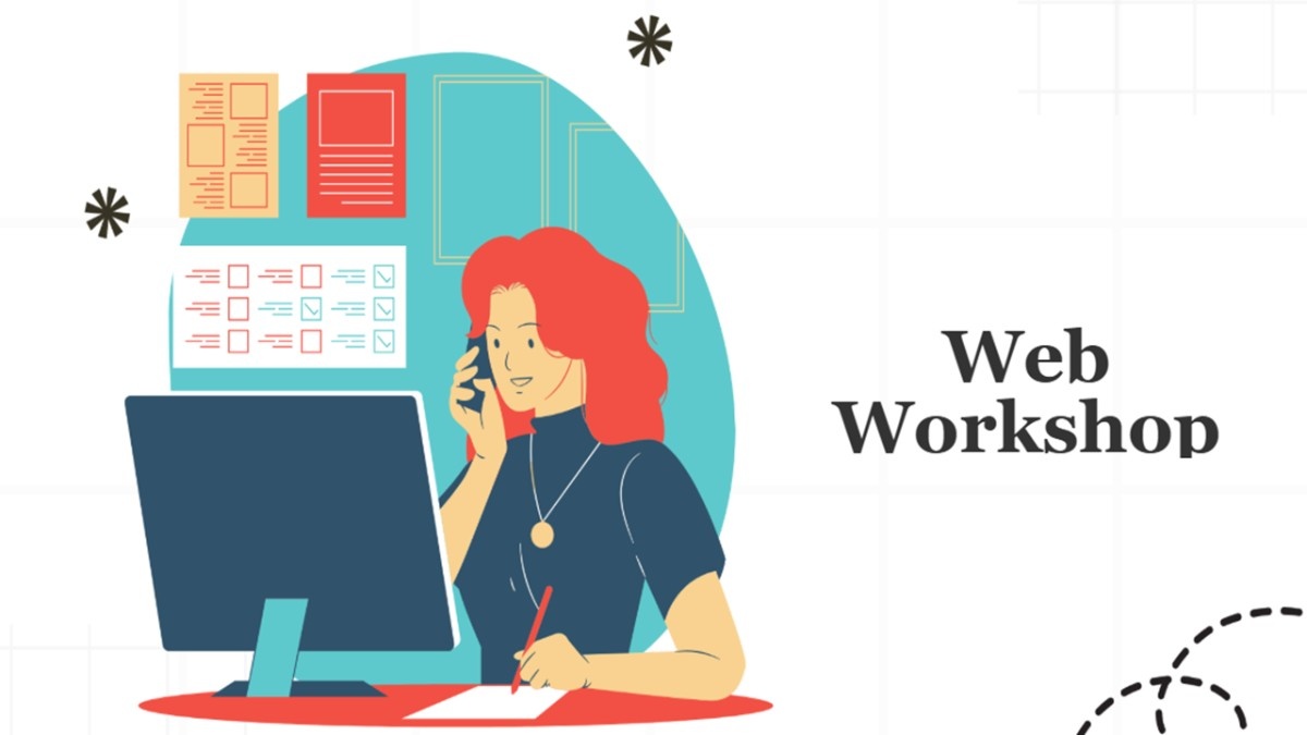 Web Workshop cover with woman at computer, teal shapes, task cards, soft colors, and clean text area.