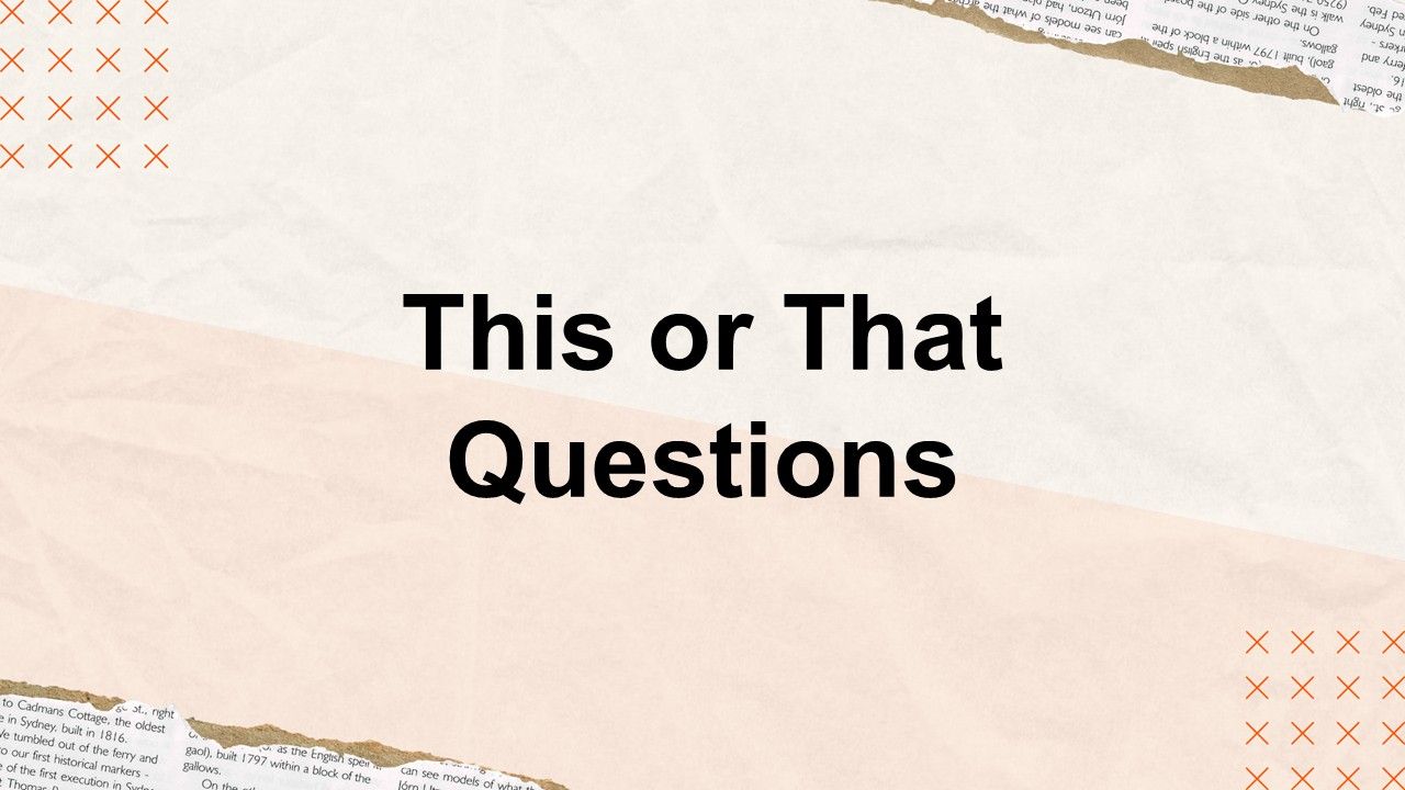 This or That questions template showing soft pastel background, torn paper edges, minimal icons, ...