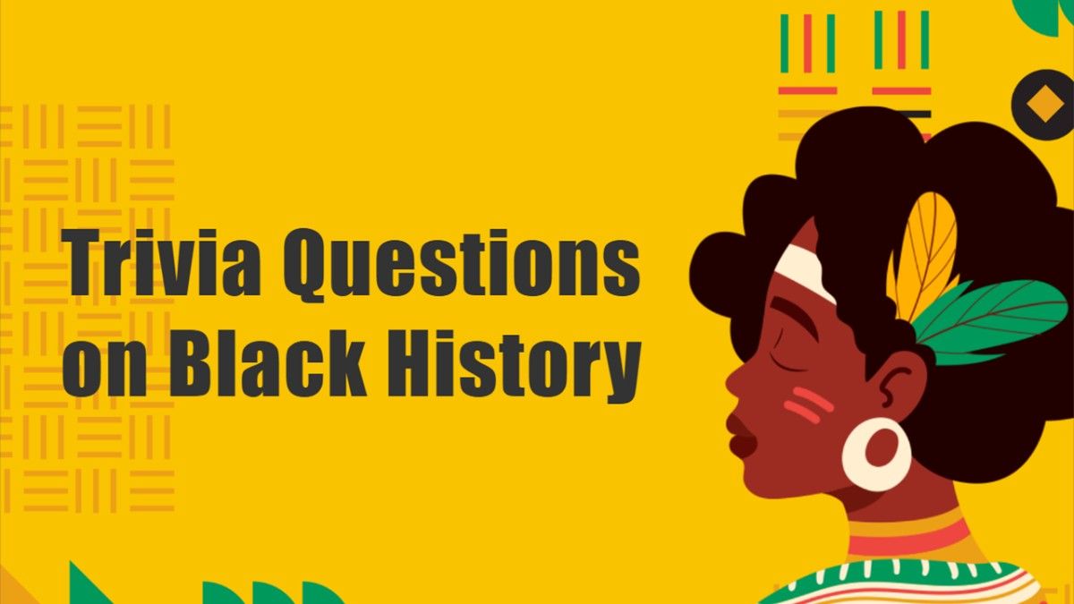 Trivia Questions on Black History slide with bright yellow background, bold text, cultural patterns, illustrated profile portrait, and history quiz purpose.