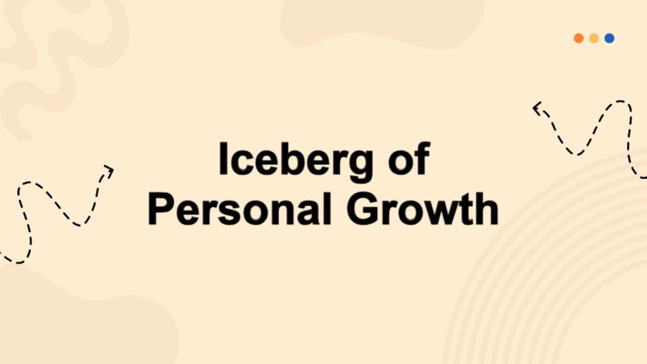 Iceberg of personal growth slide with beige background, bold black text, abstract curves showing visible and hidden growth.