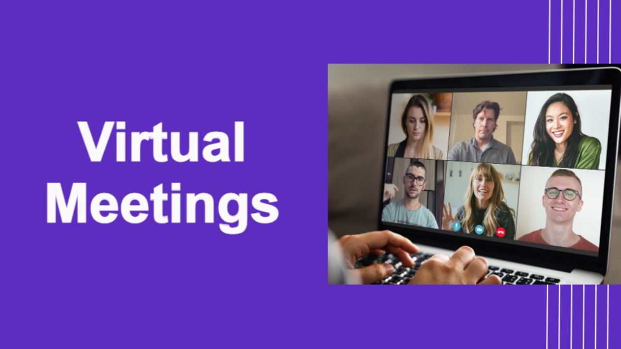 Virtual meetings template with white text on purple background, laptop video call image, team members in online discussion.