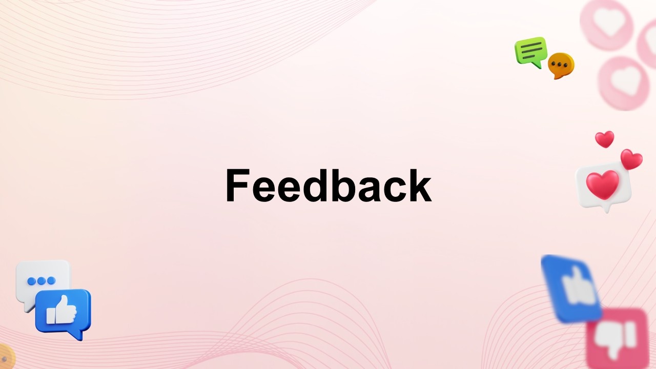 Feedback template with soft pink background, centered bold text, wave lines, chat bubbles, heart icons, and reaction symbols.