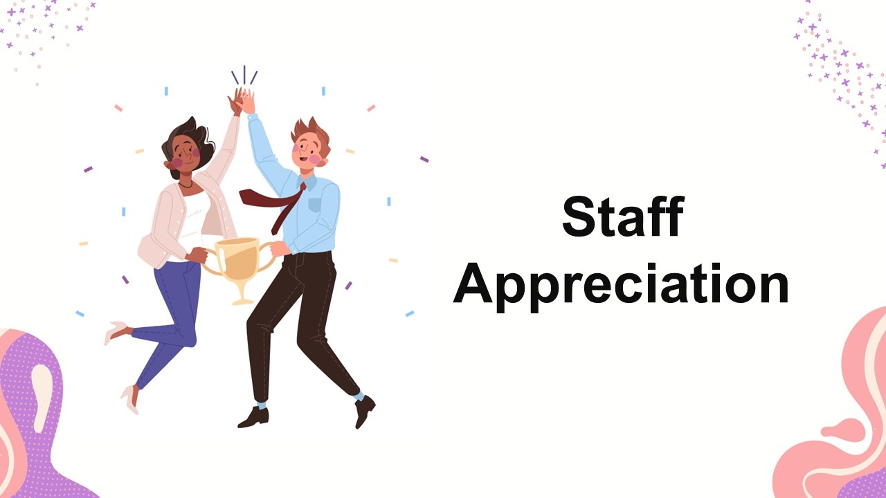 Staff appreciation template with illustrated employees high-fiving, trophy icon, confetti, white background, recognition theme.