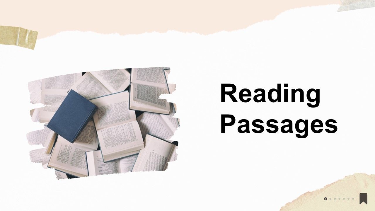 Reading passages visual with simple white background, bold heading, and layered open books image for comprehension.