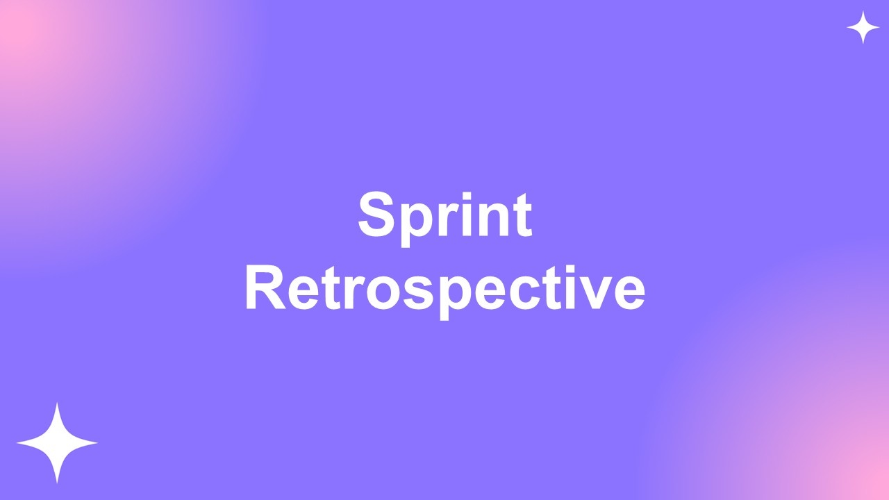 Sprint retrospective template with purple gradient background, white title text, soft glow corners, used for team reflection.