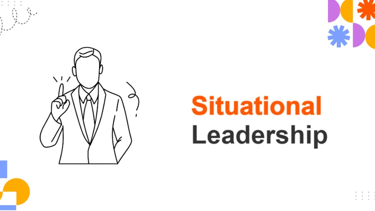 Situational leadership slide with white background, leader line illustration, multicolor accents, and clean professional title layout.
