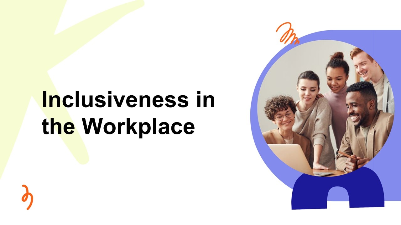 Inclusiveness in the workplace template with diverse team around laptop, white layout, blue circle frame, and abstract accents.