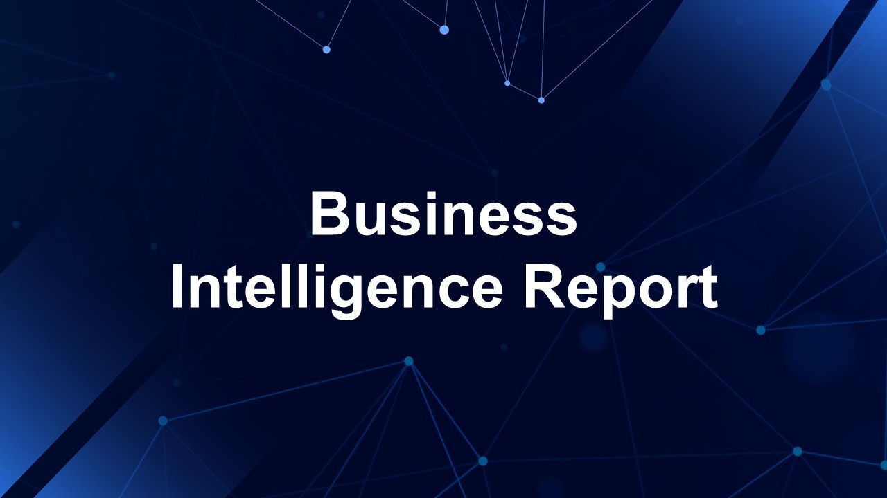 Business intelligence report template with dark blue gradient background, network lines and dots, showing data insights.