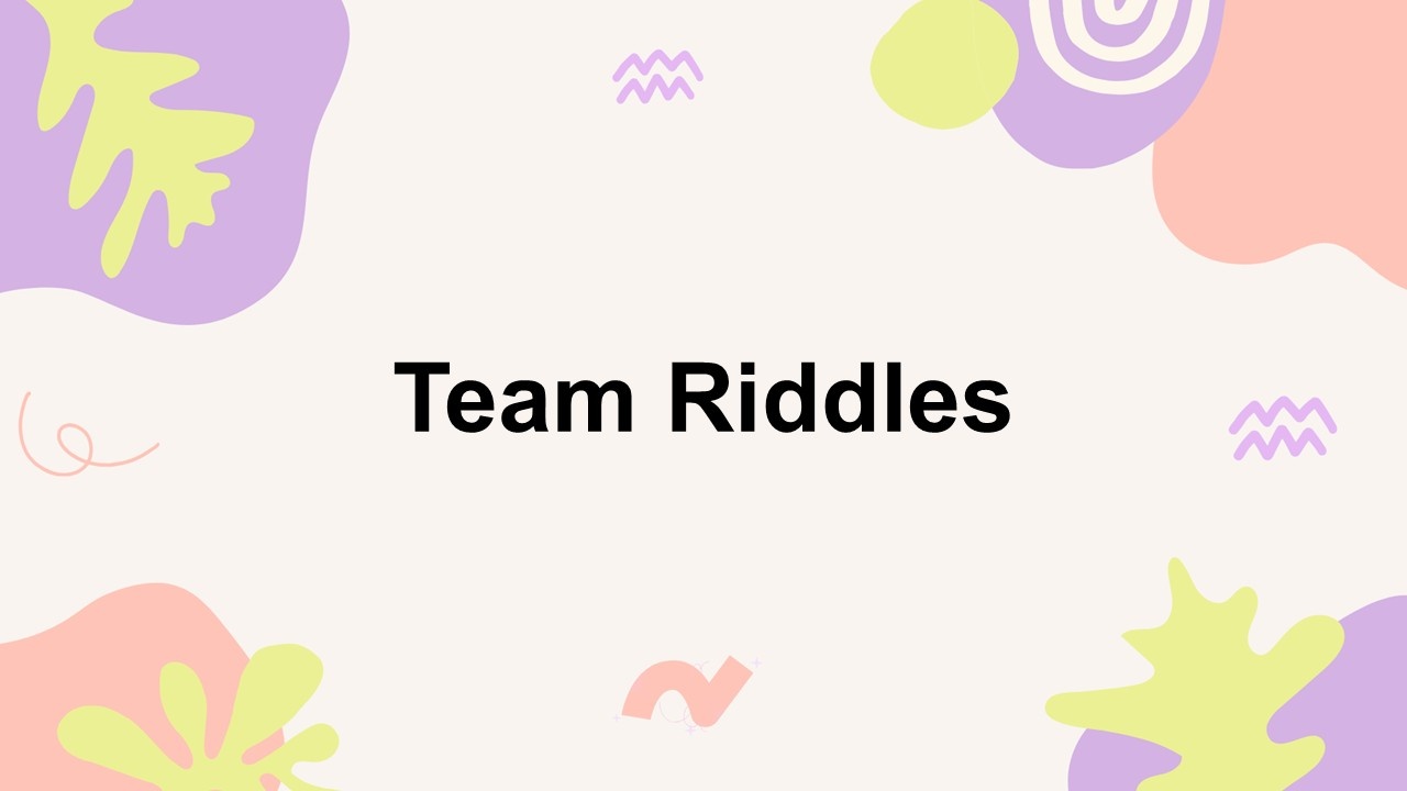 Team riddles template with pastel colors, abstract shapes, centered text holder, designed for fun team problem-solving.